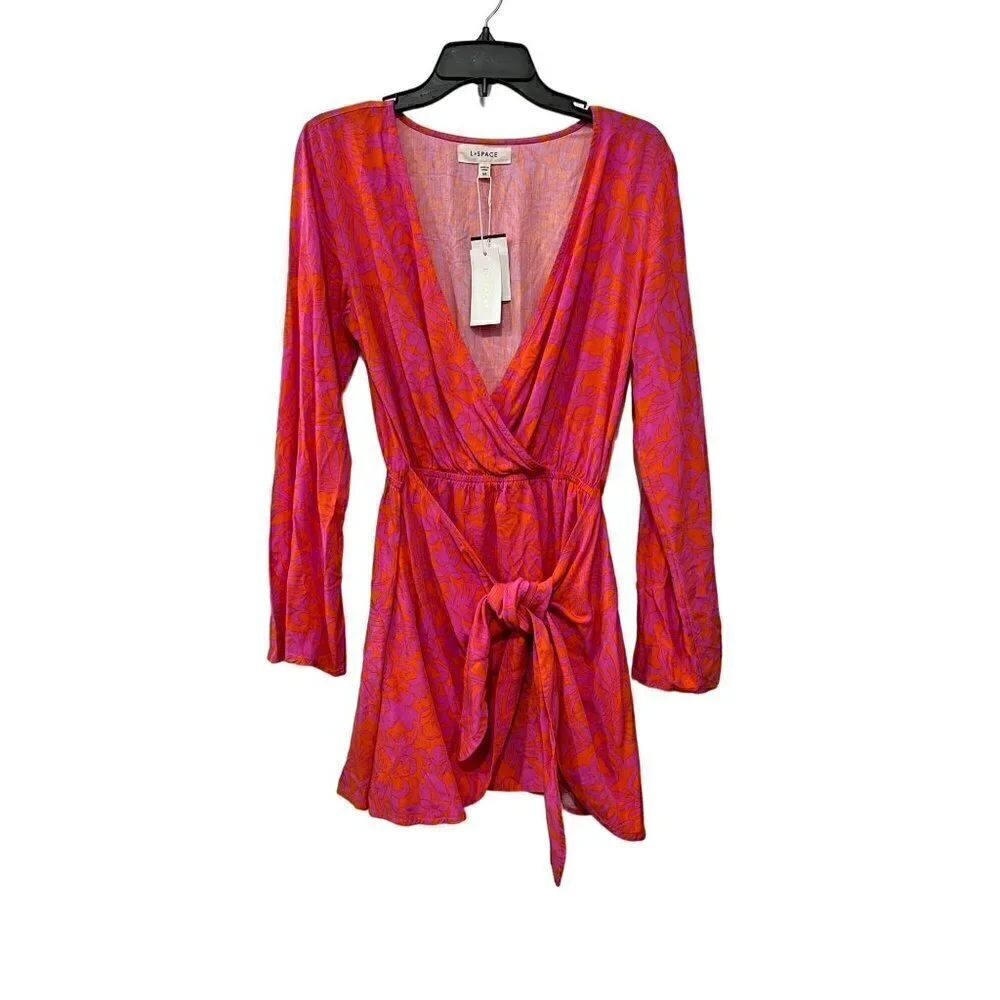New L Space Size SM Kristy Long Sleeve Faux-Wrap Cover-Up Dress Path To Paradise
